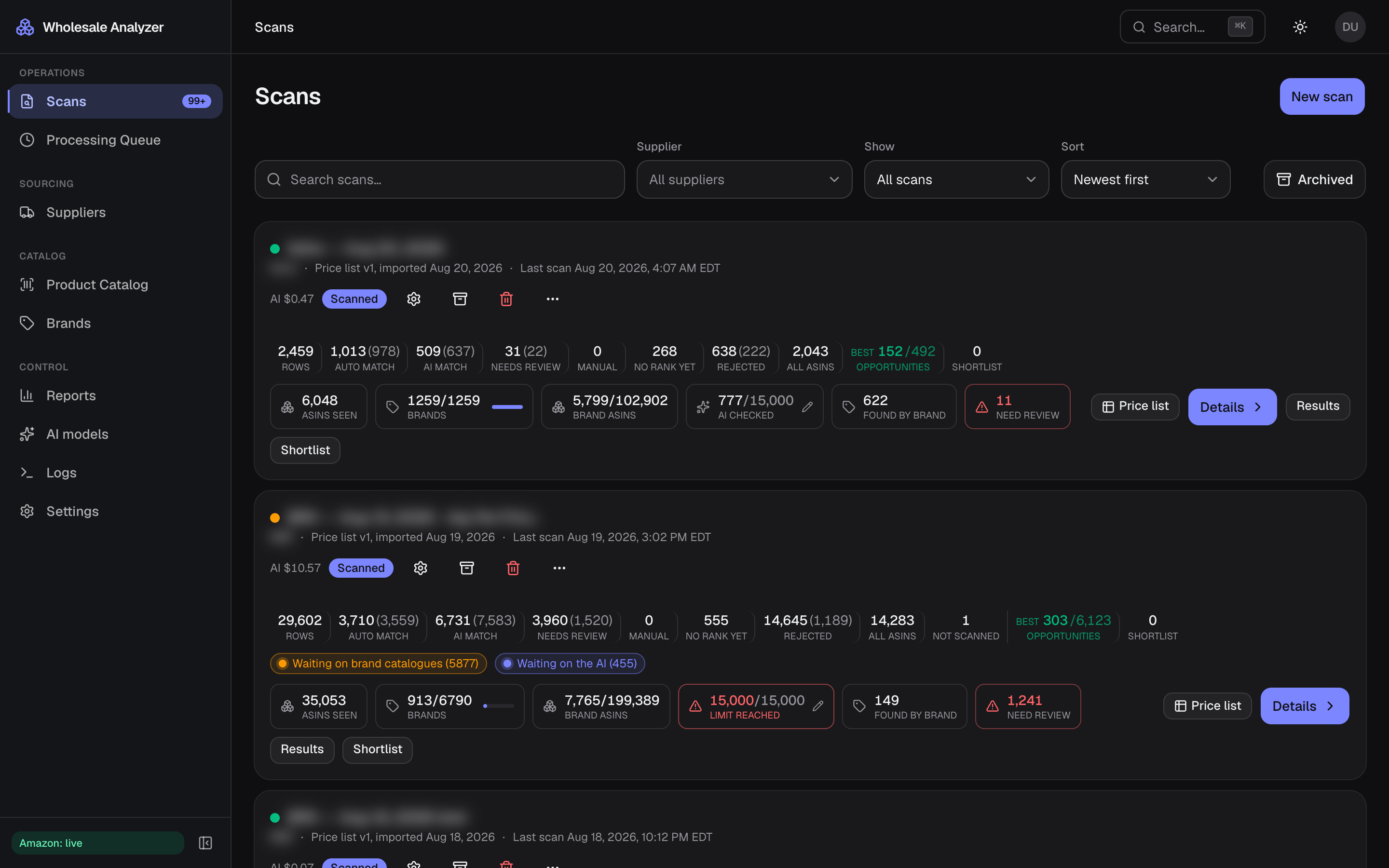 Scan dashboard with per-scan match, AI-check and review progress